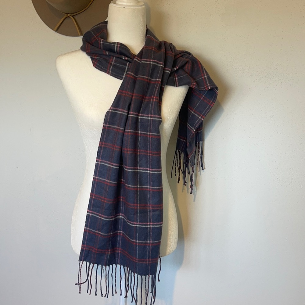 Lands End-NWT Cashtouch Checkered Fringy Scarf Gray/Pink/Red Super Soft Cozy